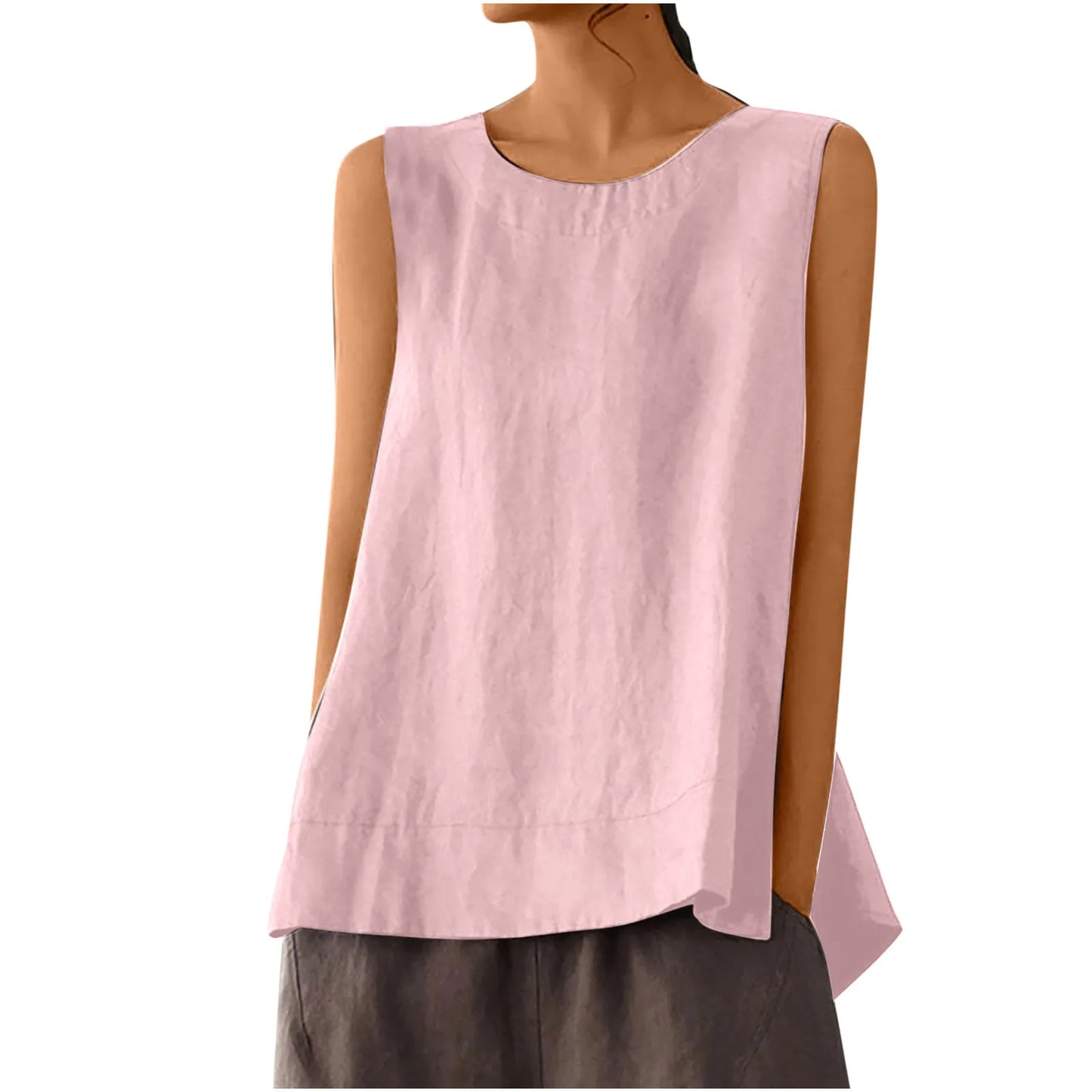 Women’s Summer Oversized Linen Vest Top - Retro Solid Color Sleeveless Round Neck Casual Breathable Shirt