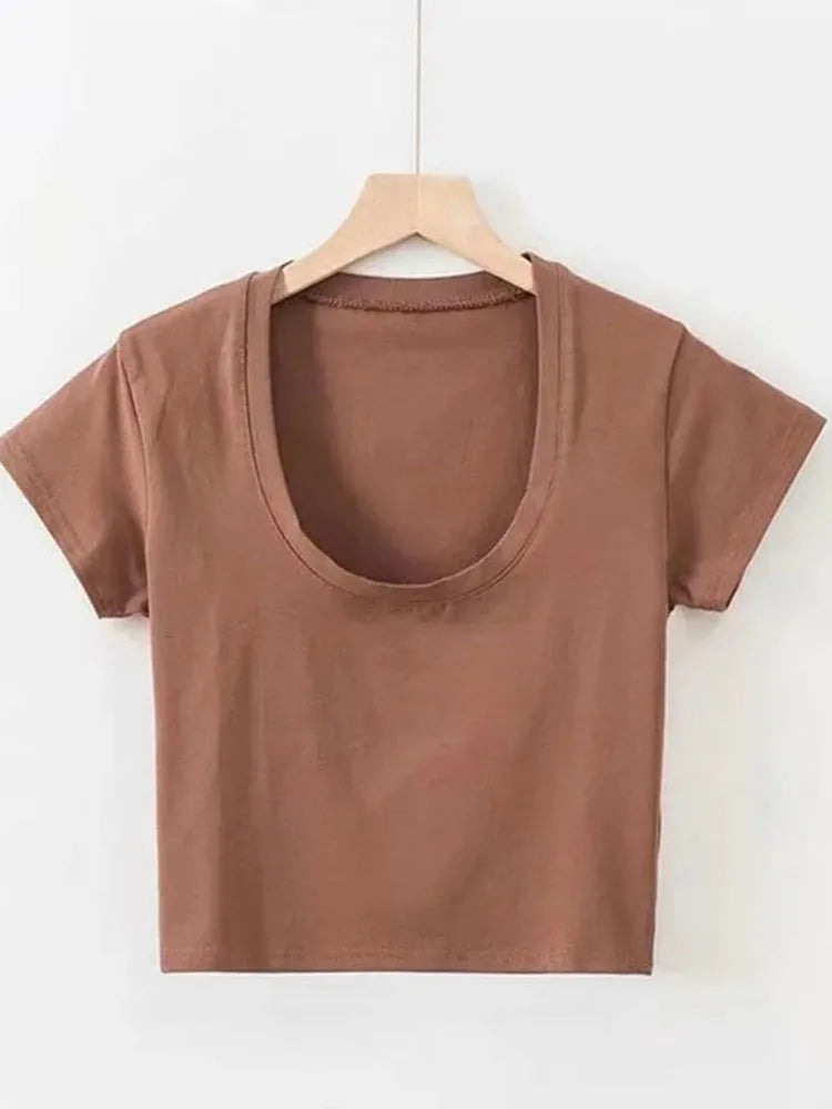 Women’s U-Neck Crop Top – Solid Color High Waist Slim Fit Short Sleeve Casual Streetwear T-Shirt