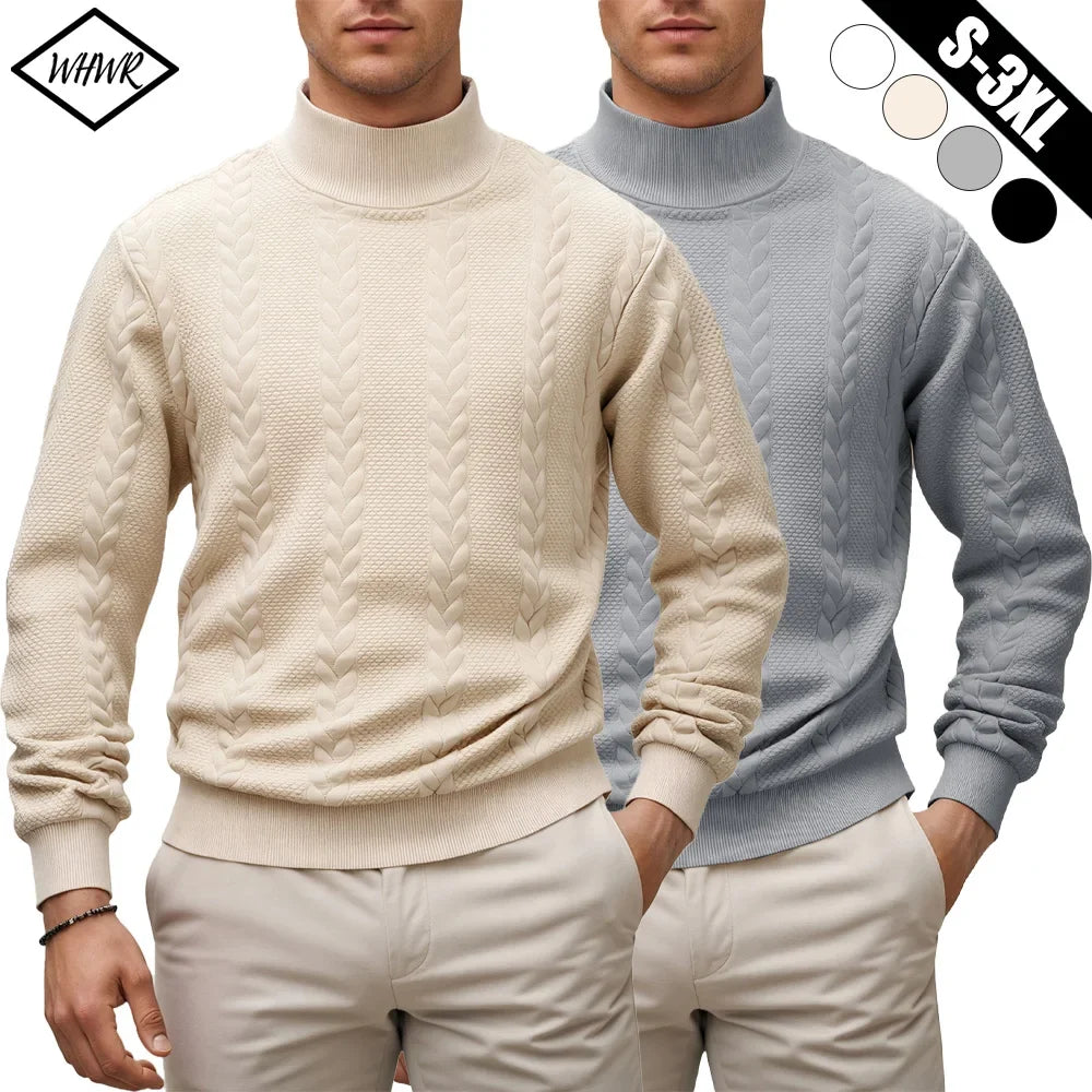 Men's Autumn Winter Thick Knit Sweater - Solid Color Mock Neck Slim Fit Warm Casual Pullover Top