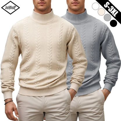 Men's Autumn Winter Thick Knit Sweater - Solid Color Mock Neck Slim Fit Warm Casual Pullover Top