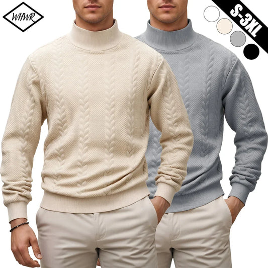 Men's Autumn Winter Thick Knit Sweater - Solid Color Mock Neck Slim Fit Warm Casual Pullover Top