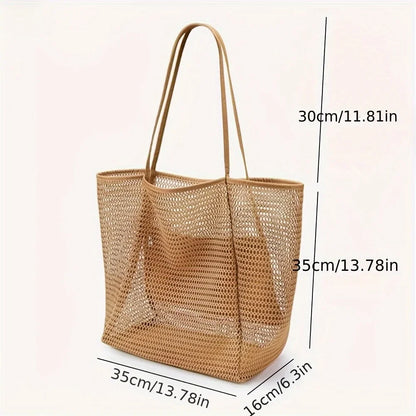 Women's Large Capacity Beach Tote Bag - Durable Polyester Woven Shoulder Bag for Travel & Shopping