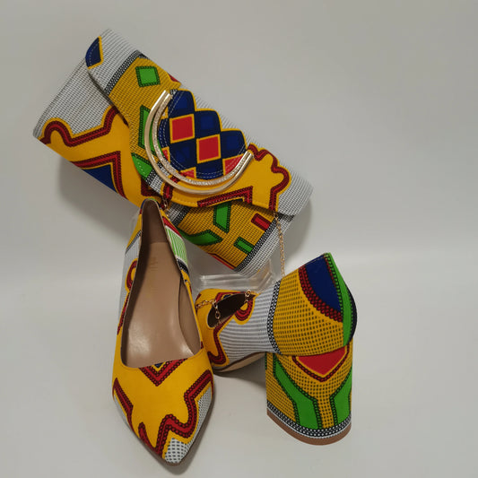 African Ankara Women’s Block Heel Shoes & Purse Set - Nigerian-Inspired Pointed Toe Fashion Accessories