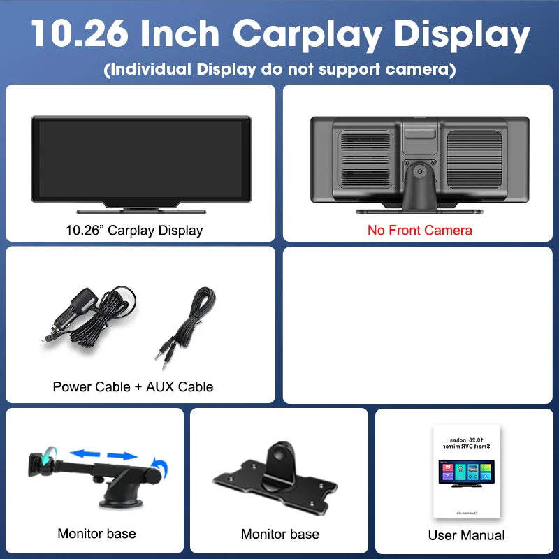10.26'' 4K Dash Cam Car Mirror Video Player - Wireless CarPlay, Android Auto, GPS, and Rearview Camera Monitor
