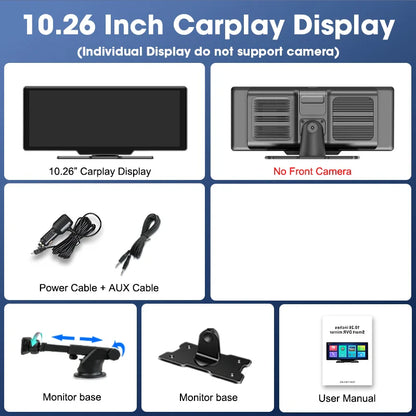 10.26'' 4K Dash Cam Car Mirror Video Player - Wireless CarPlay, Android Auto, GPS, and Rearview Camera Monitor
