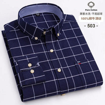 Men's 100% Cotton Oxford Plaid Shirt - Soft Regular Fit Long Sleeve Formal Dress Shirt with Pocket S-7XL