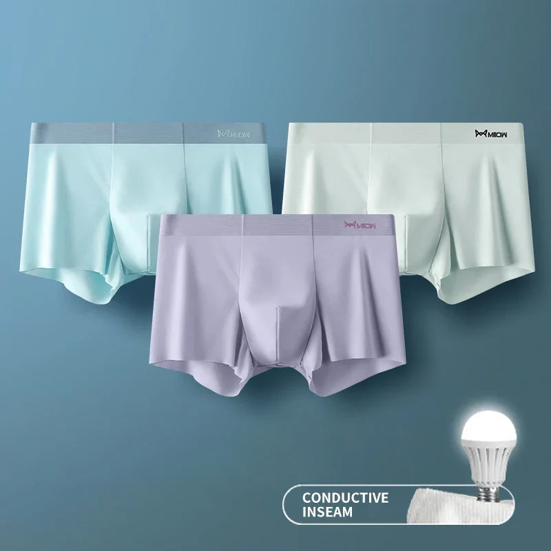 MiiOW 3-Piece Ice Silk Men's Boxer Briefs - Seamless Anti-Static Metal Fiber Comfort Underwear