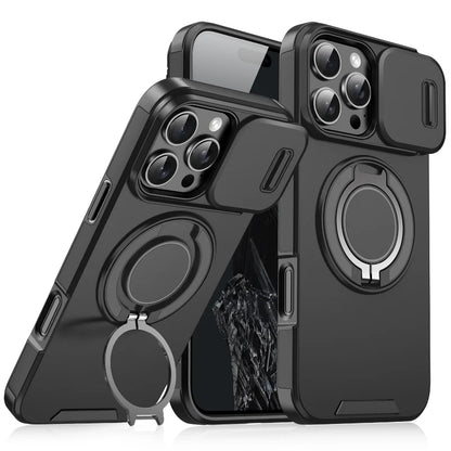 Luxury Rugged Armor Magnetic Case – Heavy Duty PC Cover with Slide Camera Protection for iPhone 16, 15, 14, 13, 12, 11 Pro Max Plus