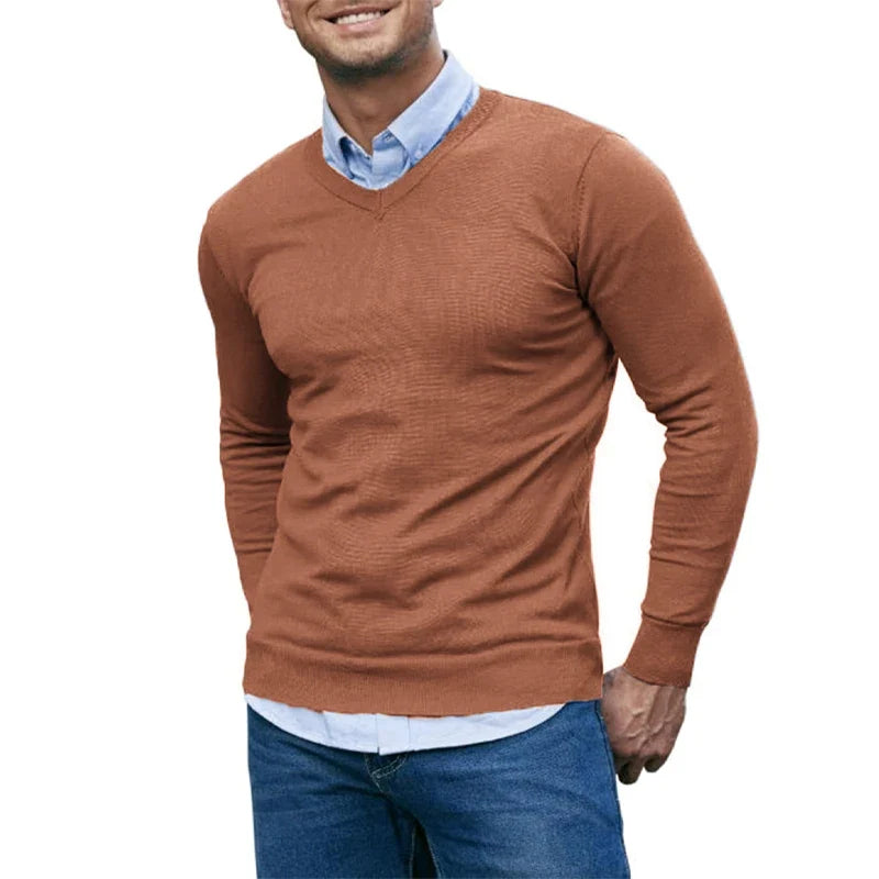Men's V-Neck Knit Sweater - Soft Lightweight Long Sleeve Slim Fit Casual Pullover Autumn Top