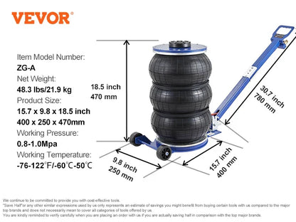 VEVOR Pneumatic Air Jack – 3 Ton/5 Ton Triple Bag Quick Lift Heavy Duty Car Repair Jack with Folding Rod & Two Wheels