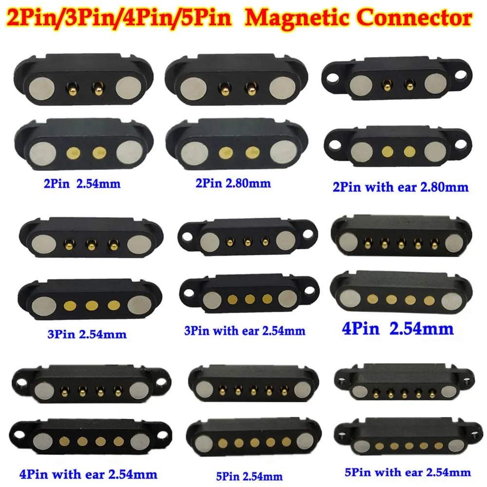 2A DC Magnetic Pogo Pin Connector - 2-5 Pin Spring Loaded Male Female Power Socket with 2.5/2.8mm Pitch