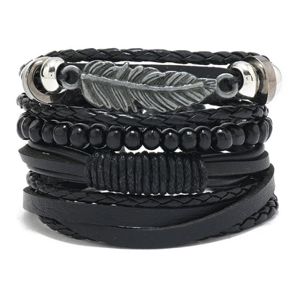 4Pcs Men's Braided Leather Bracelets Set – Vintage Life Tree & Rudder Charms, Wood Beads, Ethnic Tribal Wristbands