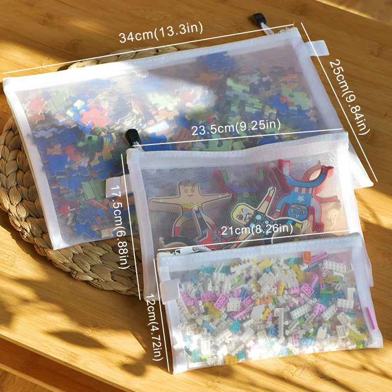 Children’s Puzzle & Building Block Storage Bag – Transparent Mesh Zipper Organizer for Toys, Cosmetics & Household Items