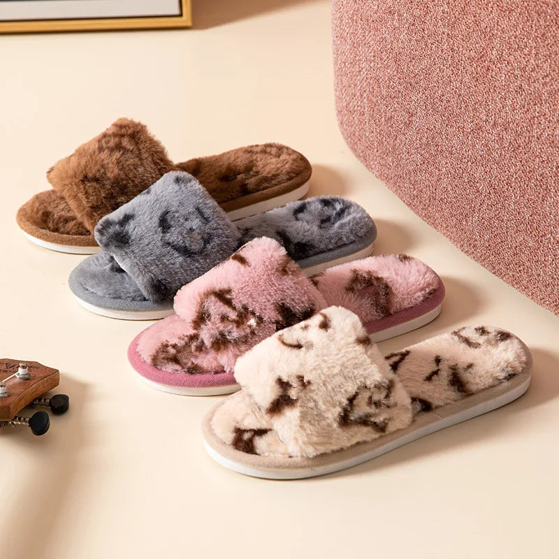 Fuzzy Fur Women’s Slippers — Indoor Autumn/Winter Luxury Plush Flats, Fluffy Casual Slides, Elegant Home Shoes