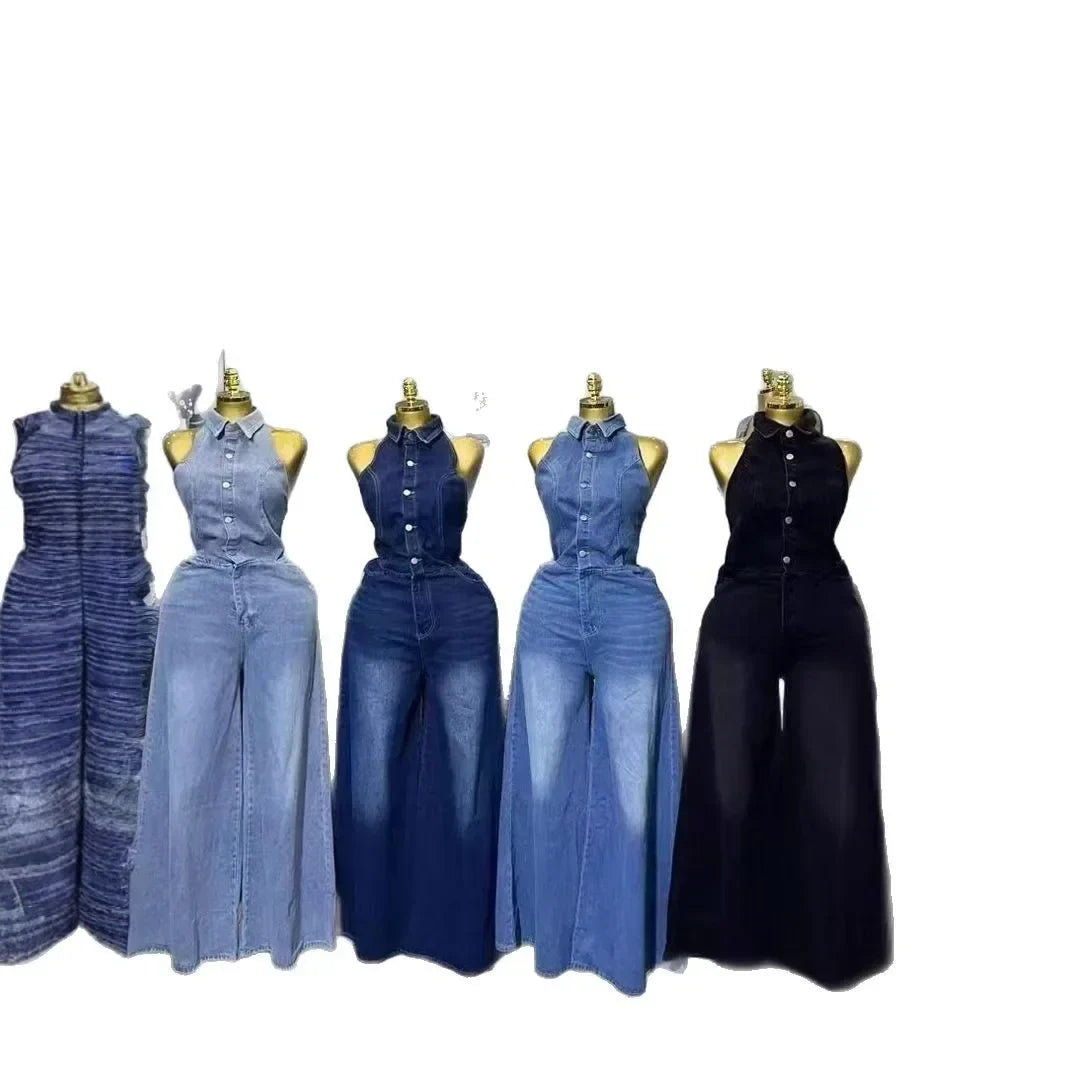 Women's Denim One-Piece Jumpsuit - Backless Long Sleeve Collared Outfit with Button Closure