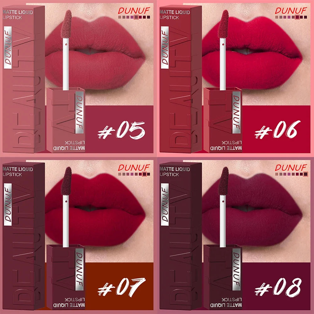 DUNUF Matte Velvet Lipstick - 8 Color Waterproof Plumping Square Tube Lip Gloss Makeup