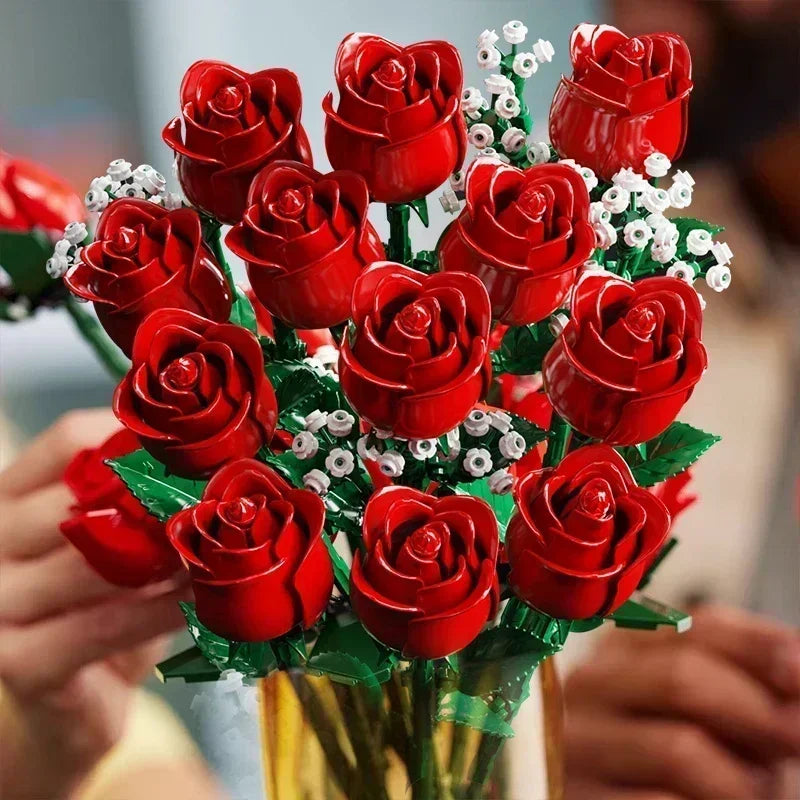 968PCS Romantic Rose Flower Bouquet Building Blocks – Creative DIY Home Desk Plant Decoration Toy for Girls & Ladies