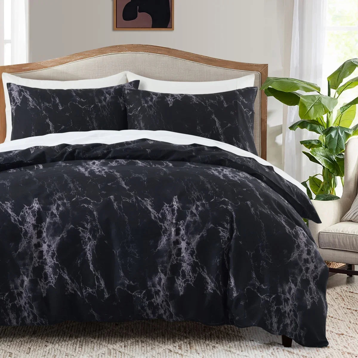 Grey Feather Duvet Cover Set – Full/Queen Boho Bedding with Soft Reversible White Comforter Cover for Kids & Teens