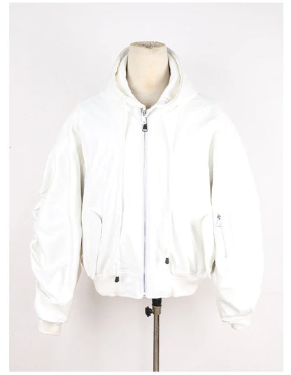 Mauroicardi Autumn Winter Oversized PU Leather Bomber Jacket for Men - Thickened Warm Hooded Luxury Designer Coat