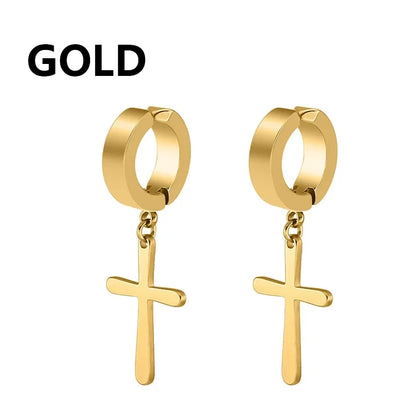 Stainless Steel Cross Star Dangle Earrings - Punk Gothic Hoop Huggie Jewelry for Men & Women