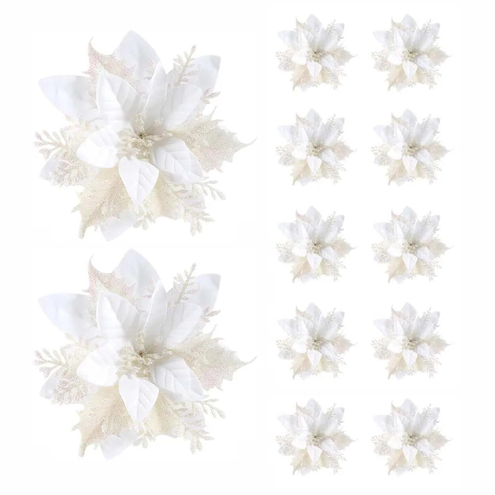 5/10PCS 14.5cm Christmas Flower Ornaments | Pink, Red, Gold Glitter Artificial Flowers for Tree & Home Xmas Decoration