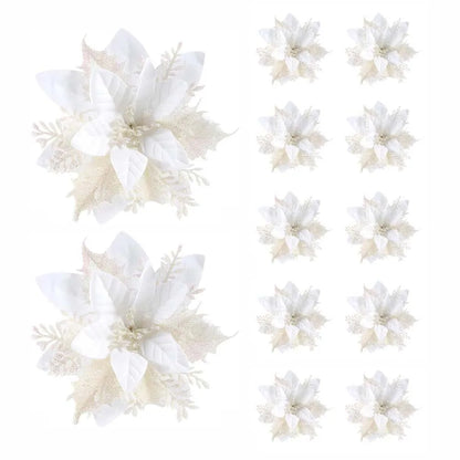 5/10PCS 14.5cm Christmas Flower Ornaments | Pink, Red, Gold Glitter Artificial Flowers for Tree & Home Xmas Decoration