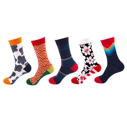 5-Pair Men’s Cotton Sports Socks Pack - Hip Hop Harajuku Pastel Print Long Tube Running Casual Socks