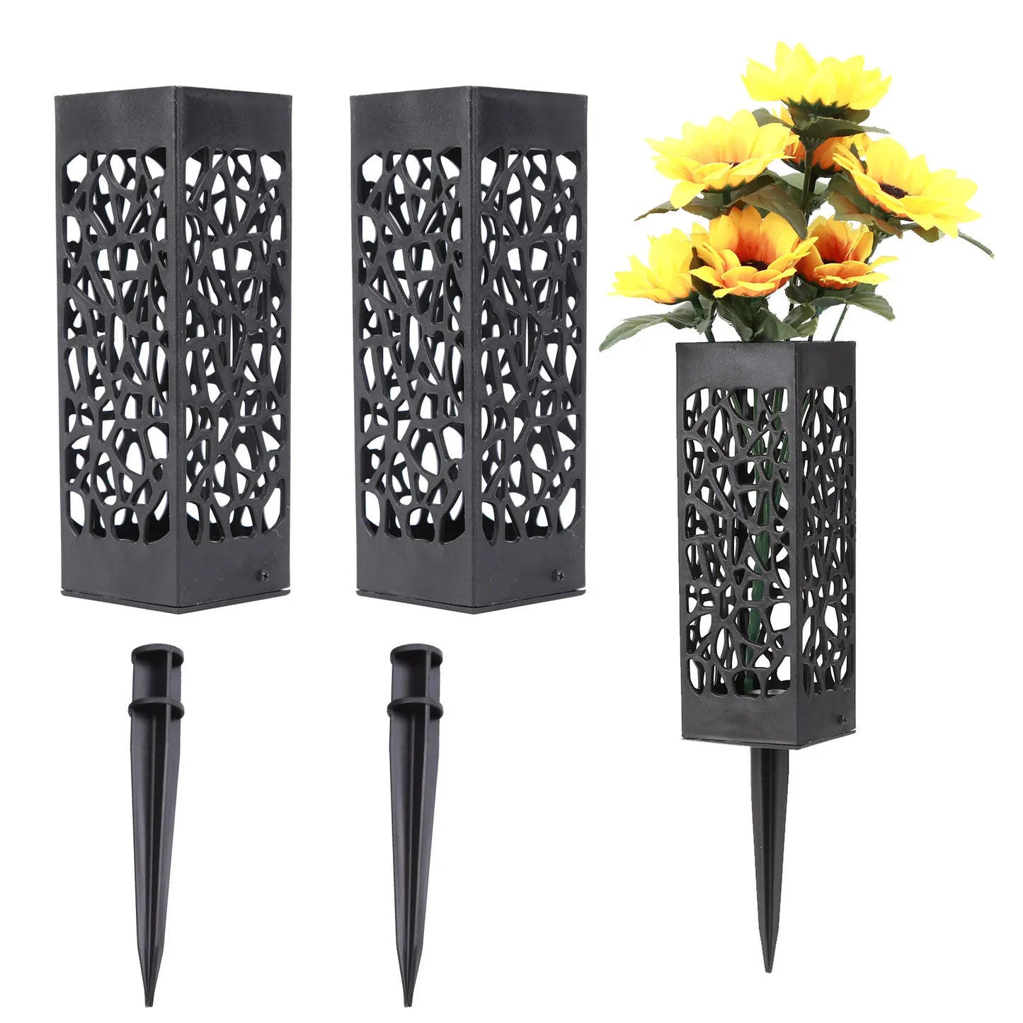 Plastic Grave Vase with Stake – Fluted Flower Holder for Cemetery, Drainage Hole for Gravestone Decoration