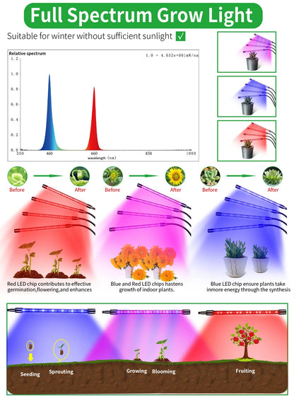 USB LED Plant Grow Light — Indoor Garden Full Spectrum Lamp with 10 Dimmable Levels, Timer Settings 3H/9H/12H for Hydroponic & Greenhouse Plants
