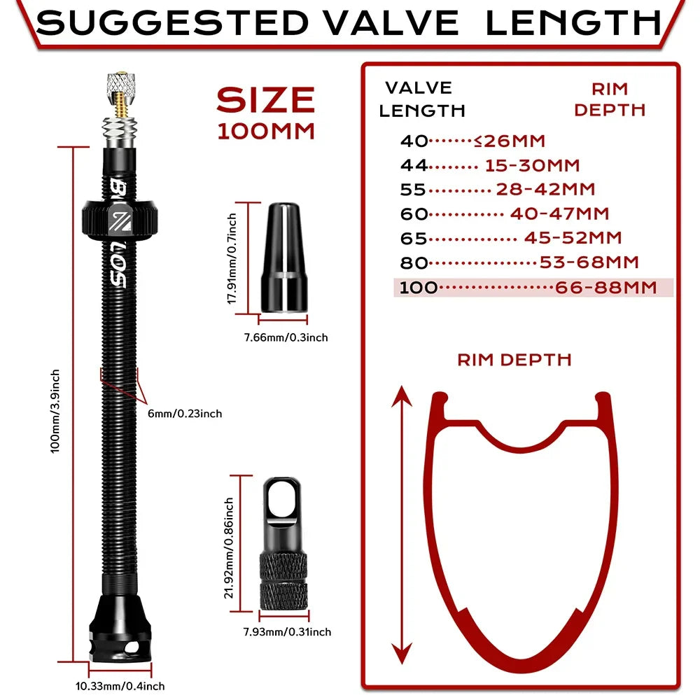 BUCKLOS Tubeless Presta Valve 40–100mm — CNC Aluminum Alloy Bike Valve for Road & MTB