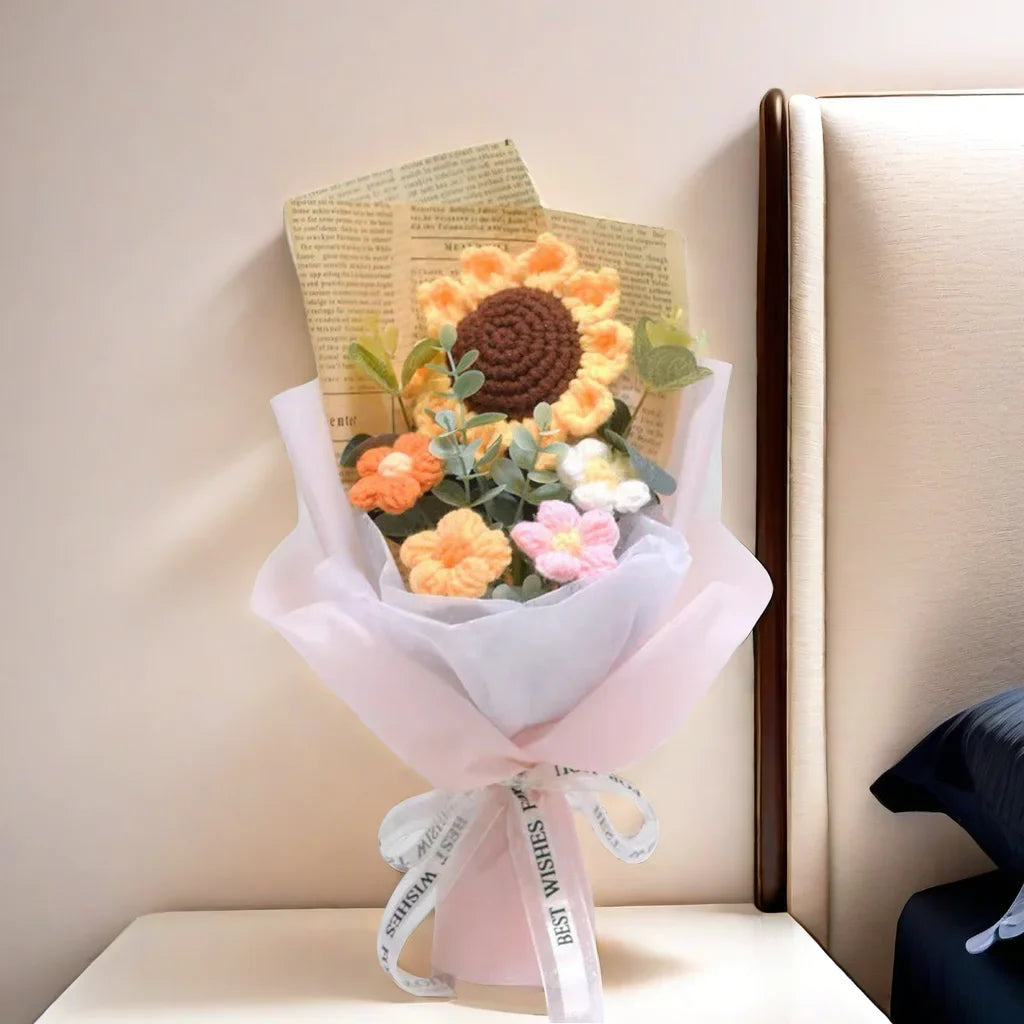 Efun Handmade Crochet Flower Bouquet — Sunflower & Daisy Arrangement for Valentine’s, Wedding, Anniversary, Mother’s Day & Birthday Gift