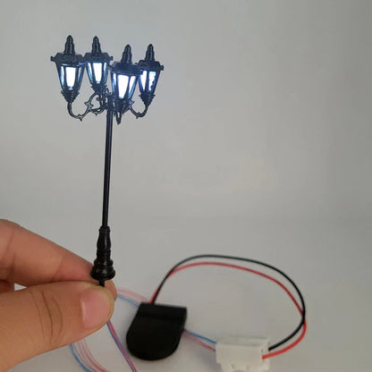HO Scale Model Lamps – 4-Head 3V Cold White Street & Park Lampposts for Train Layouts & Miniature Gardens