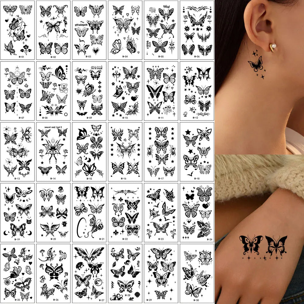 30pcs Black Temporary Tattoo Stickers - Flower Butterfly Rose Moon Star Mandala Designs for Hand, Chest & Body Art