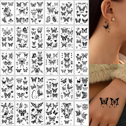 30pcs Black Temporary Tattoo Stickers - Flower Butterfly Rose Moon Star Mandala Designs for Hand, Chest & Body Art