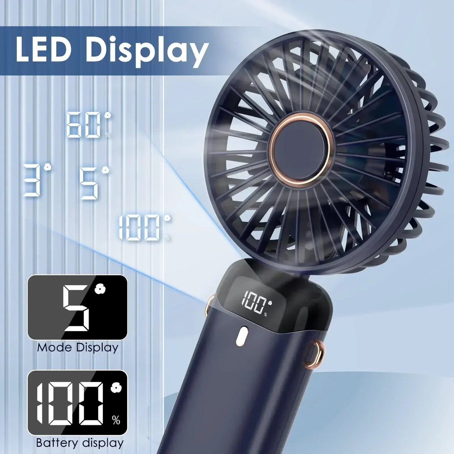 5000mAh Handheld Mini Fan – Wireless USB Rechargeable Portable Fan with Digital Display, Phone Holder, 5-Speed Foldable Neck Hanging Fan