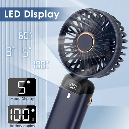 5000mAh Handheld Mini Fan – Wireless USB Rechargeable Portable Fan with Digital Display, Phone Holder, 5-Speed Foldable Neck Hanging Fan