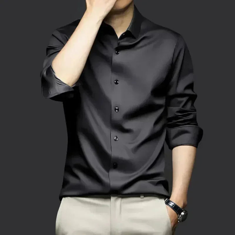 Men’s Luxury White Dress Shirt - Wrinkle-Resistant Ice Silk Glossy Long Sleeve Business Casual Shirt S-6XL