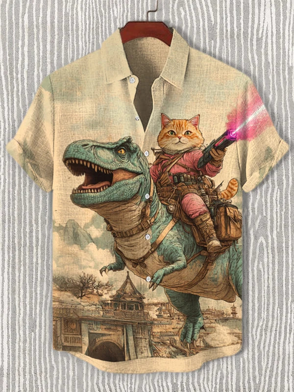 Men’s Cat Graphic Button Down Shirt - Oversized Short Sleeve Summer Hawaiian Vacation Top