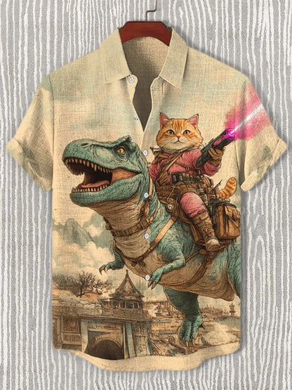 Men’s Cat Graphic Button Down Shirt - Oversized Short Sleeve Summer Hawaiian Vacation Top