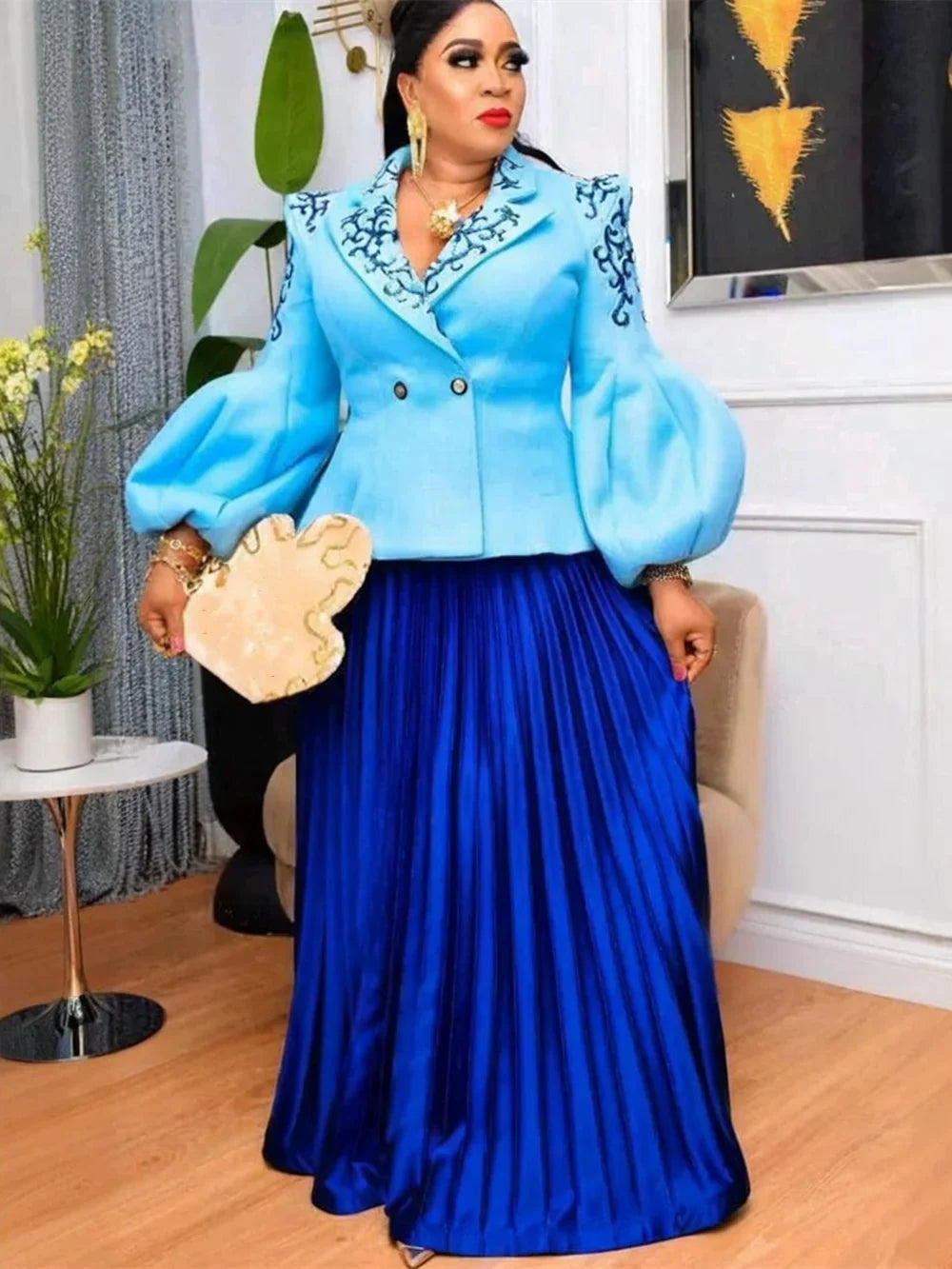 Women’s African Ankara 2-Piece Set - Dashiki Sequin Top & Skirt Plus Size Wedding Party Outfit