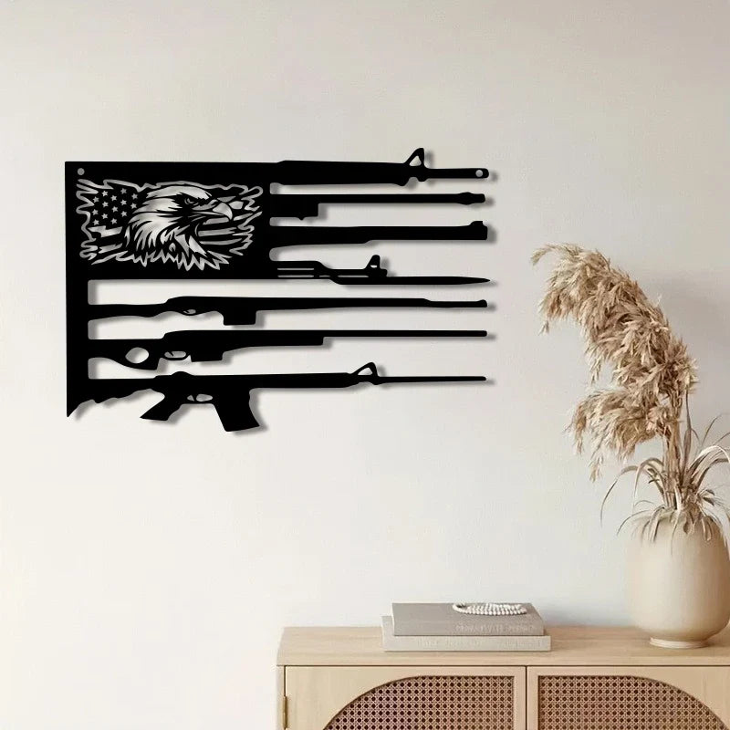 Patriotic Eagle Flag Metal Wall Art - American Gun Theme Sculpture Decor for Home and Gun Enthusiast Spaces