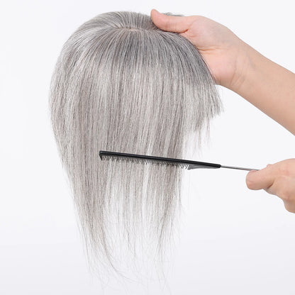 Light Grey Human Hair Topper with Thick Bangs – Clip-In 360° Coverage Hair Extensions for Women