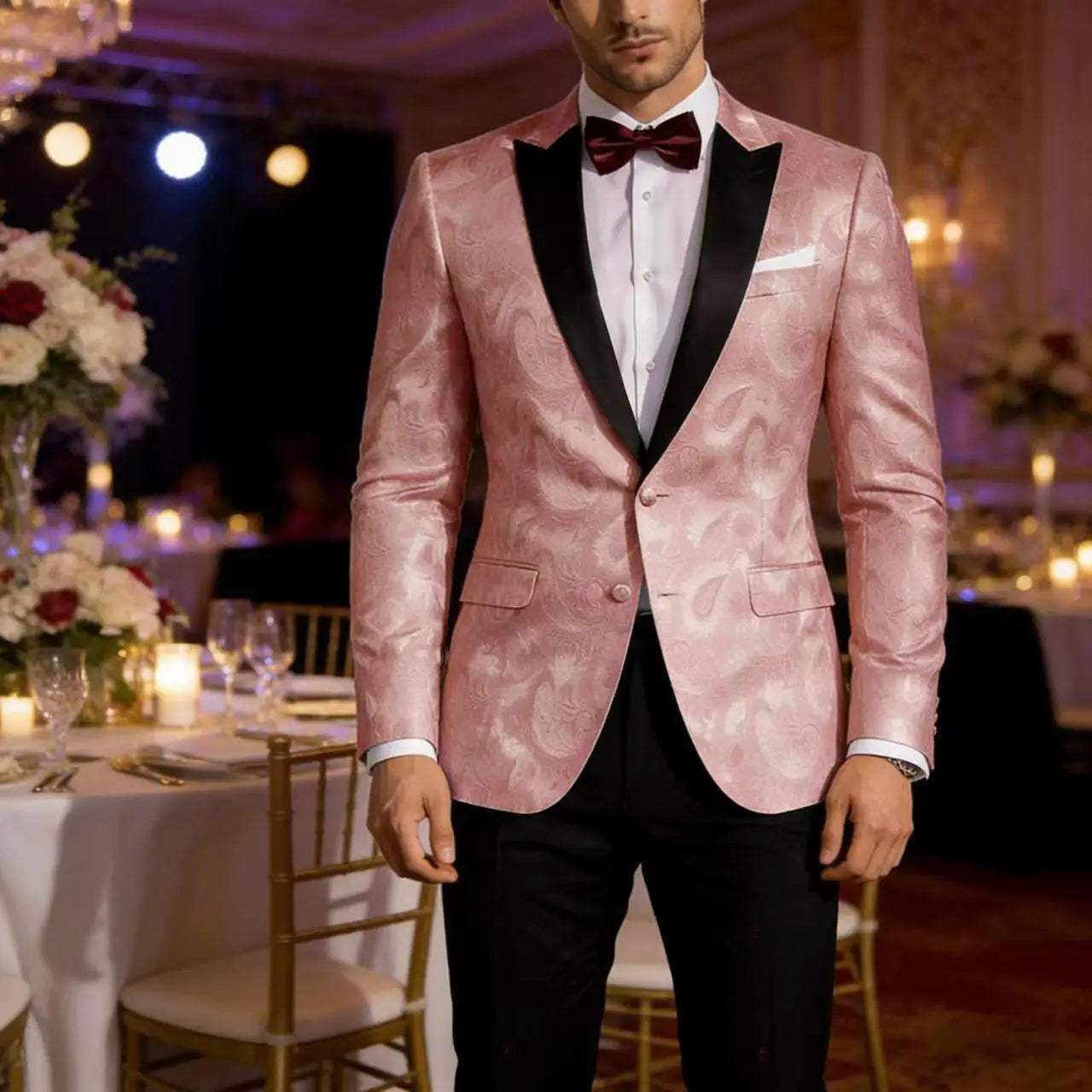 Men’s Pink Paisley Tuxedo Blazer - Black Satin Lapel 2 Button Formal Suit Jacket for Wedding, Prom & Party Wear