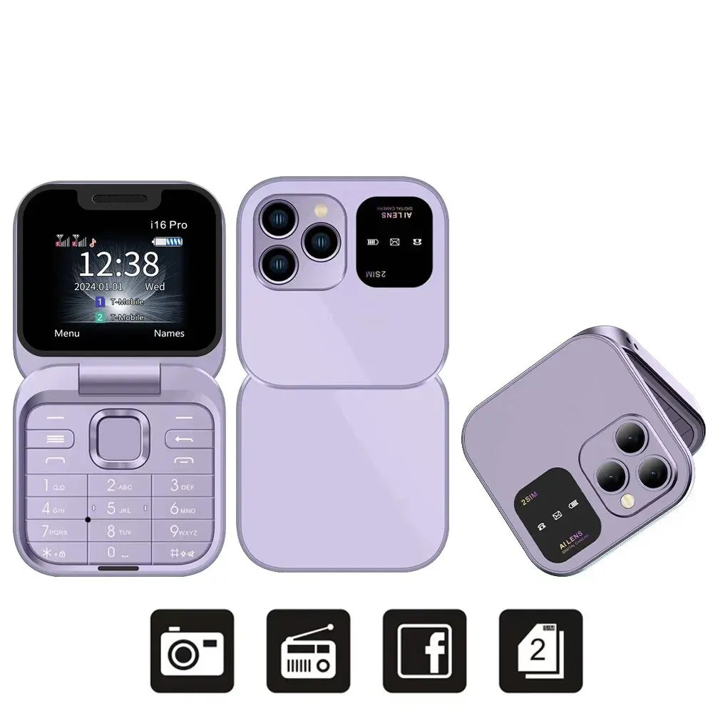 SERVO I16 Pro Mini Fold Mobile Phone — Dual SIM 2G GSM Flip Cellphone with Speed Dial, FM, 3.5mm Jack & Video Player