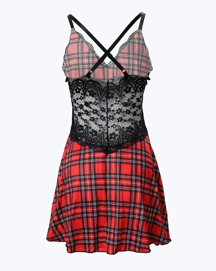 Women’s Summer Plaid Sleep Dress - Lace Trim Crisscross Backless Sleeveless Nightgown Sleepwear