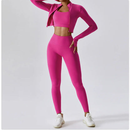 3PCS Women’s Yoga & Workout Set – Long Sleeve Zipper Top with High Waist Leggings Fitness Sportswear