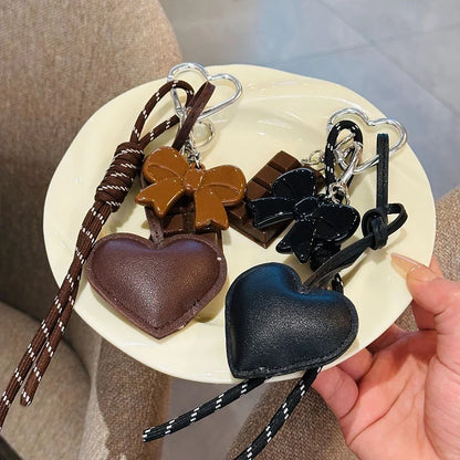 Kawaii Heart Leather Keychain - Trendy Chocolate Pendant Bag Charm Decorative Accessory