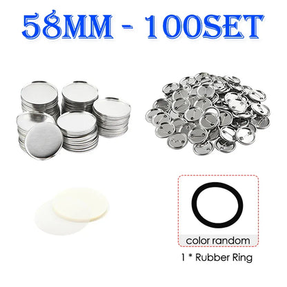 100 Sets Round Badge Pin Button Maker Machine - 25/32/37/44/58MM, DIY Punch Press Machine, Manual Badge Parts Consumables