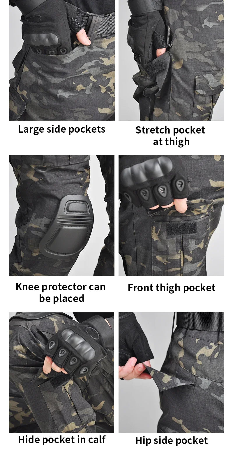 Men’s Camo Tactical Uniform Set | Ripstop Airsoft Suit with Multi-Pocket Pants & Training Shirt for Hunting or Paintball