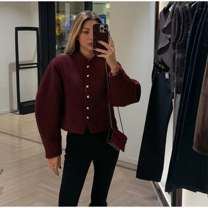 2025 Women's Burgundy Red O-Neck Woolen Coat – Casual Single-Breasted, Long Sleeve Short Jacket for Spring